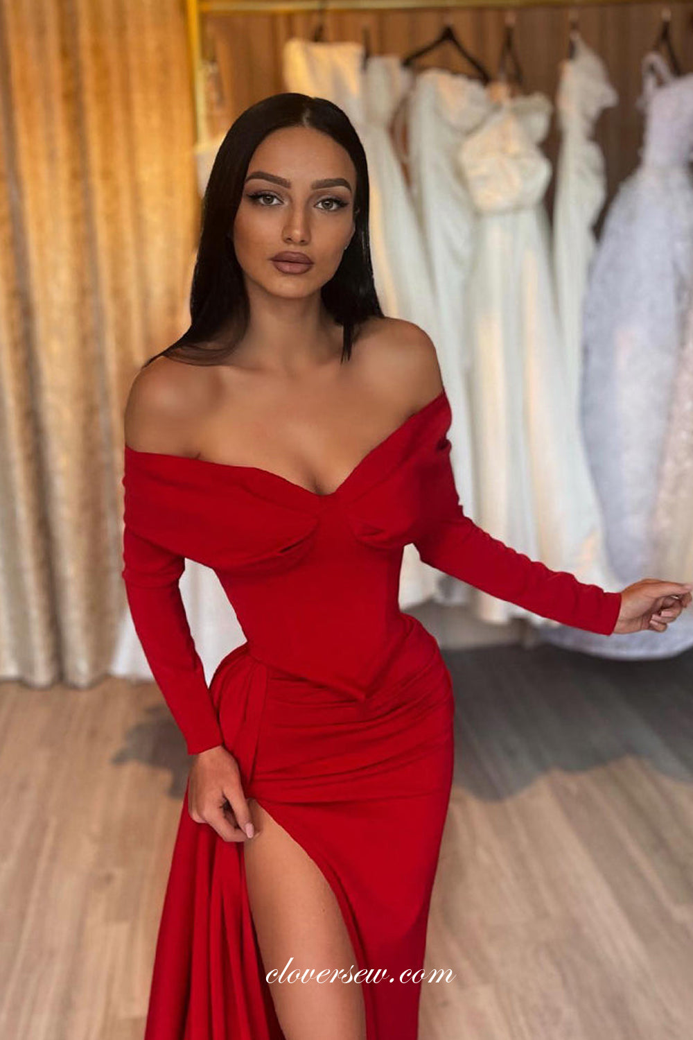 Red Off The Shoulder Long Sleeves Sheath With High Slit Formal Dresses clover sew Red Off The Shoulder Long Sleeves Sheath With High Slit Formal Dresses clover sew