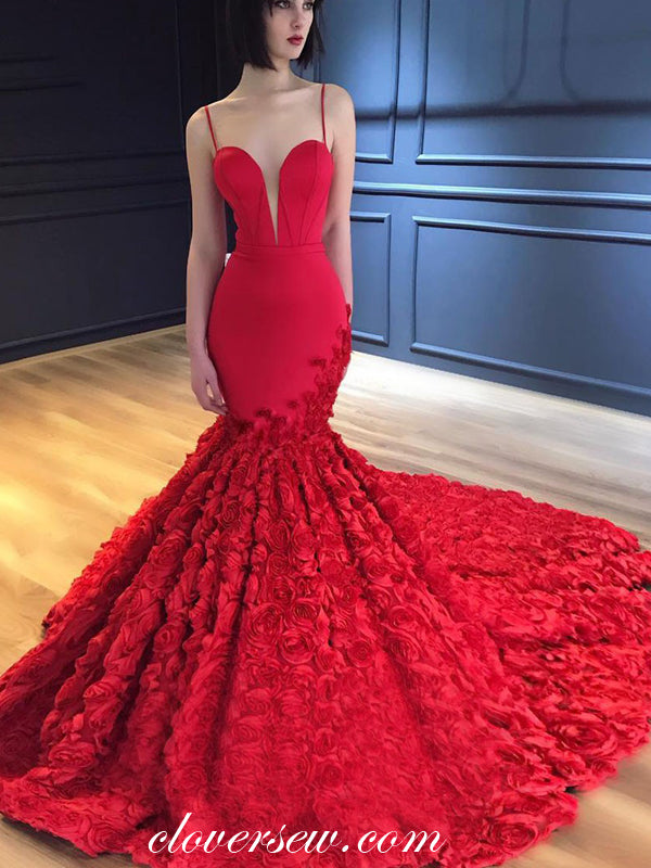 Red Rosy Satin Backless Mermaid Gorgeous Formal Dresses, CP0560