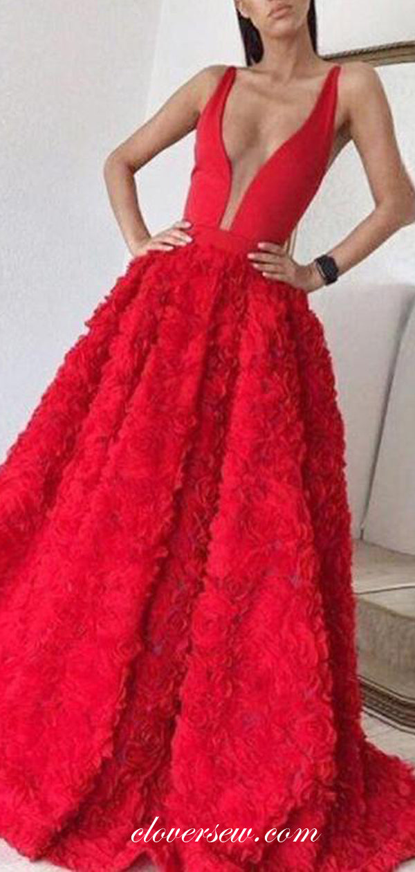 Red Rosy Satin Sleeveless V-neck Fashion Rrom Dresses, CP0568