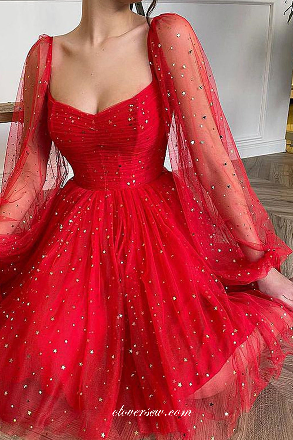 Red Star Tulle Long Sleeves Short Graduation Prom Dresses, CP0995 clover sew Red Star Tulle Long Sleeves Short Graduation Prom Dresses, CP0995 clover sew