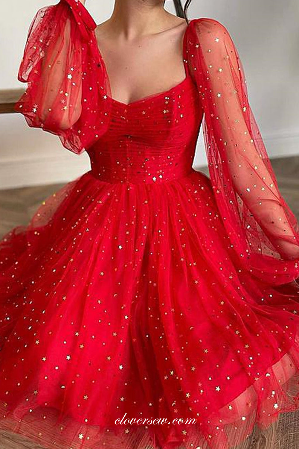 Red Star Tulle Long Sleeves Short Graduation Prom Dresses, CP0995 Red Star Tulle Long Sleeves Short Graduation Prom Dresses, CP0995