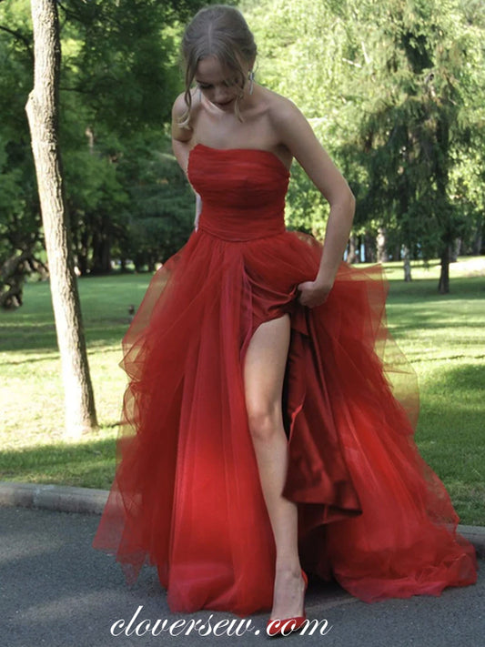 Red Tulle Strapless A-line With Slit Charming Cheap Prom Dresses, CP1010