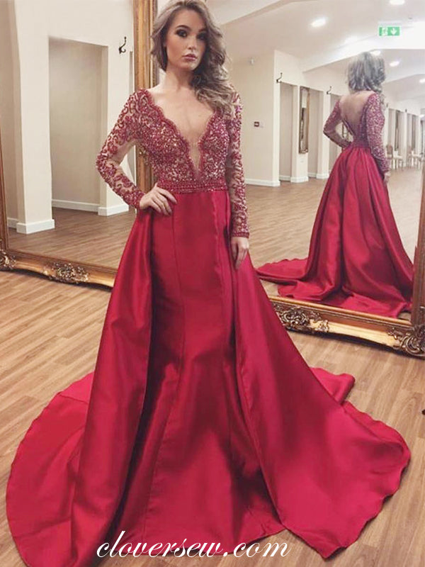Red Bead Lace Long Sleeves Detachable Train Mermaid Prom Dresses , CP0060 US4 / As Pic / with Detachable Skirt Red Bead Lace Long Sleeves Detachable Train Mermaid Prom Dresses , CP0060 US4 / As Pic / with Detachable Skirt