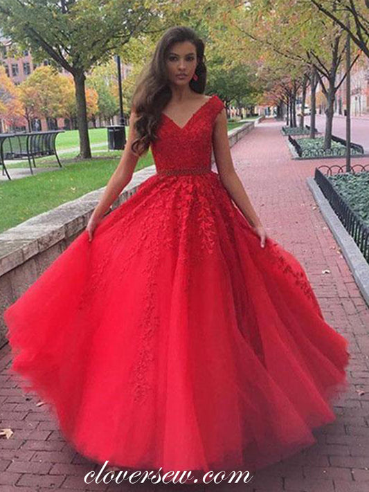Red Lace Applique Bead Blet V-neck A-line Prom Dresses,CP0221