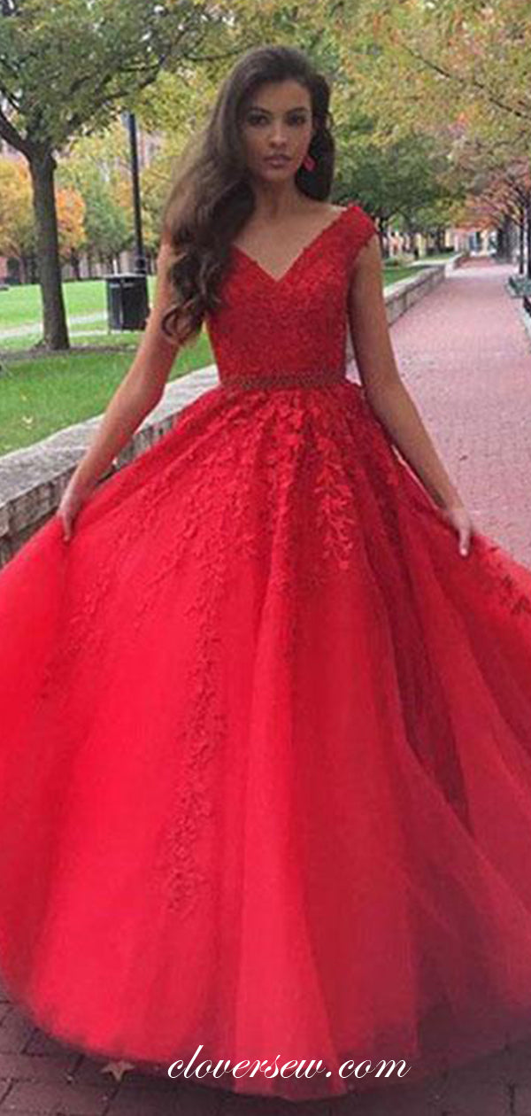 Red Lace Applique Bead Blet V-neck A-line Prom Dresses,CP0221