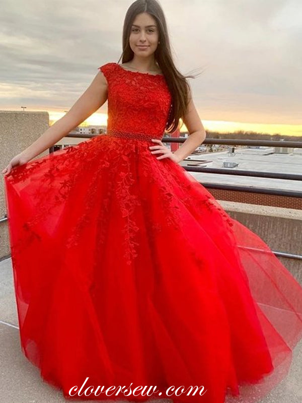 Red Lace Applique Cap Sleeves A-line Prom Dresses ,CP0433