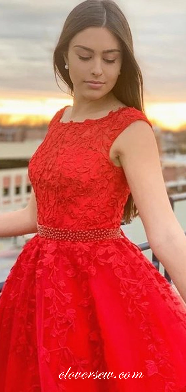 Red Lace Applique Cap Sleeves A-line Prom Dresses ,CP0433