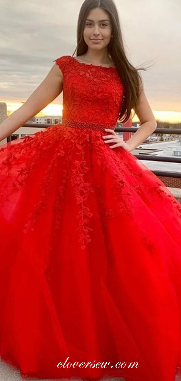 Red Lace Applique Cap Sleeves A-line Prom Dresses ,CP0433