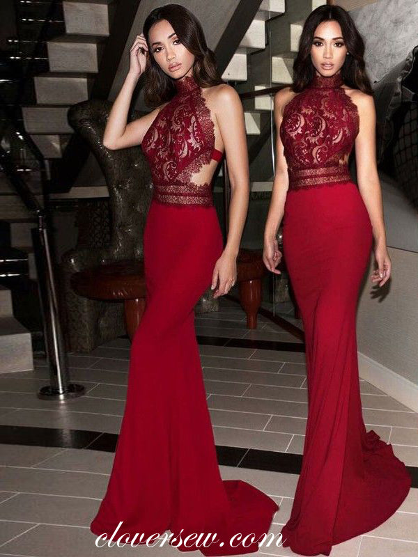 Red Lace Jersey Halter Open Back Sexy Evening Party Dresses, CP0074
