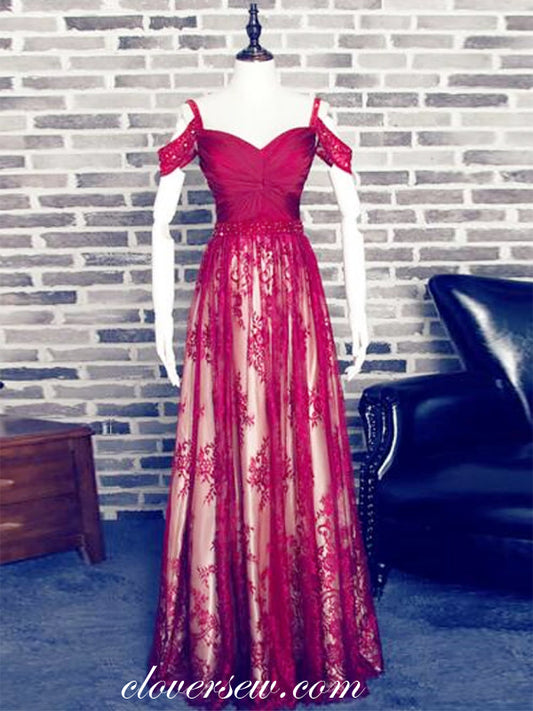 Red Lace Off The Shoulder A-line Prom Dresses, CP0051