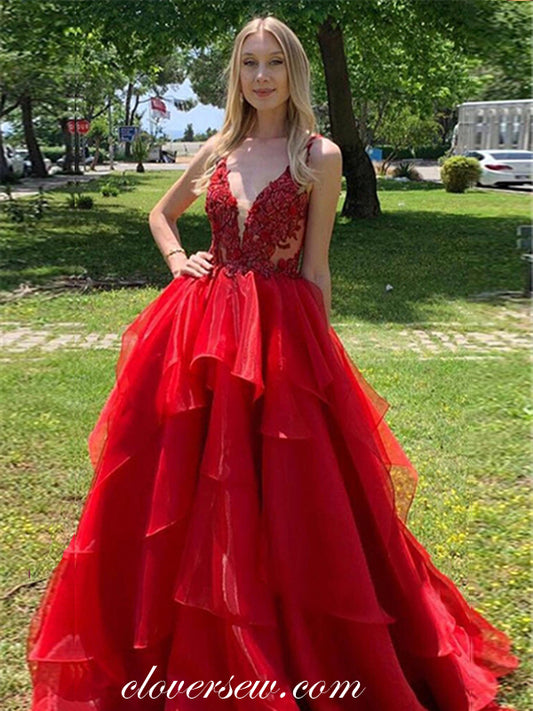 Red Lace Organza Ruffles Ball Gown Prom Dresses, CP0042