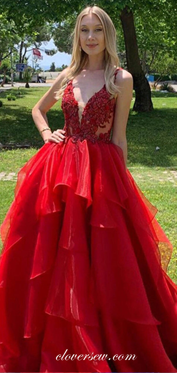 Red Lace Organza Ruffles Ball Gown Prom Dresses, CP0042