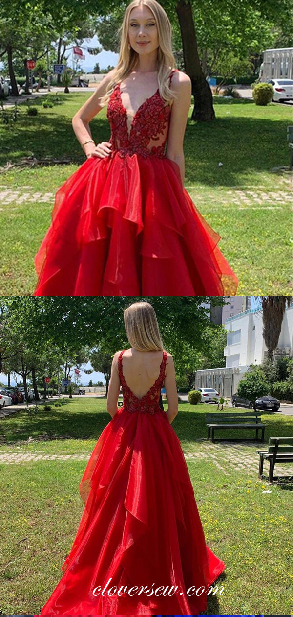 Red Lace Organza Ruffles Ball Gown Prom Dresses, CP0042