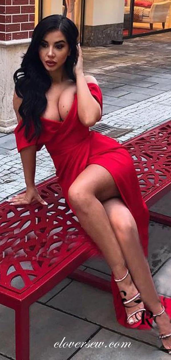 Red Off The Shoulder V-neck Sexy Slit Evening Dresses, CP0035
