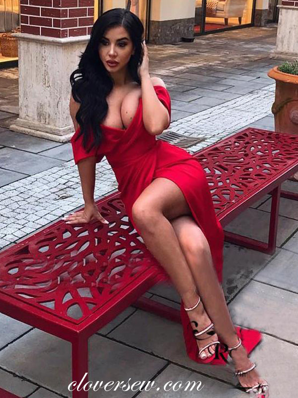 Red Off The Shoulder V-neck Sexy Slit Evening Dresses, CP0035