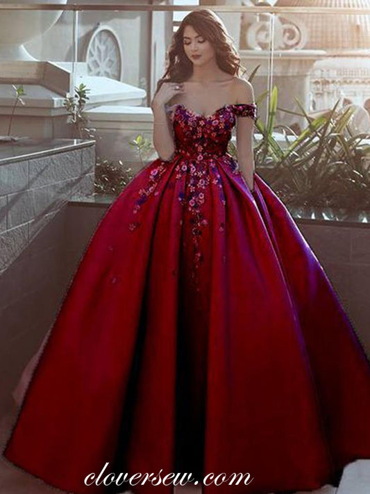 Red Satin Off The Shoulder Floral Applique Ball Gown Prom Dresses, CP0224