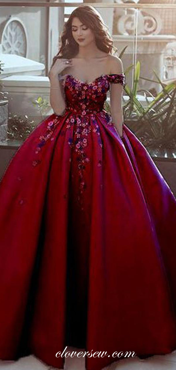 Red Satin Off The Shoulder Floral Applique Ball Gown Prom Dresses, CP0224