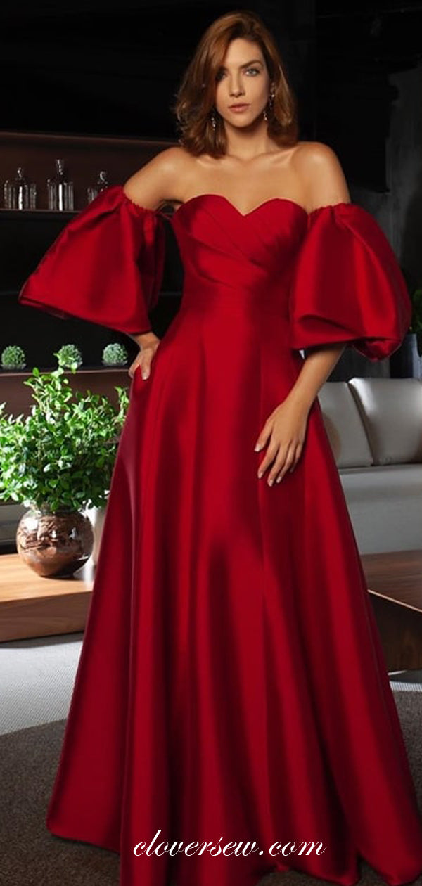 Red Satin Off The Shoulder Lantern Sleeves A-line Prom Dresses,CP0330