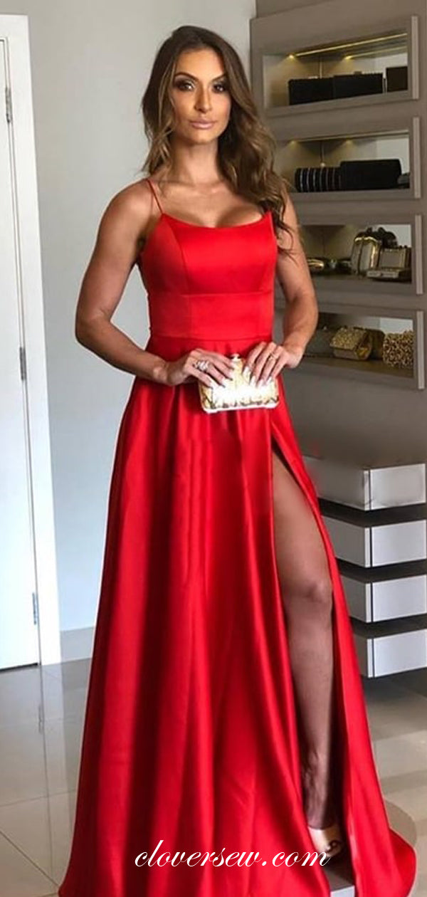 Red Satin Spaghetti Strap Lace Up Back Prom Dresses,CP0313