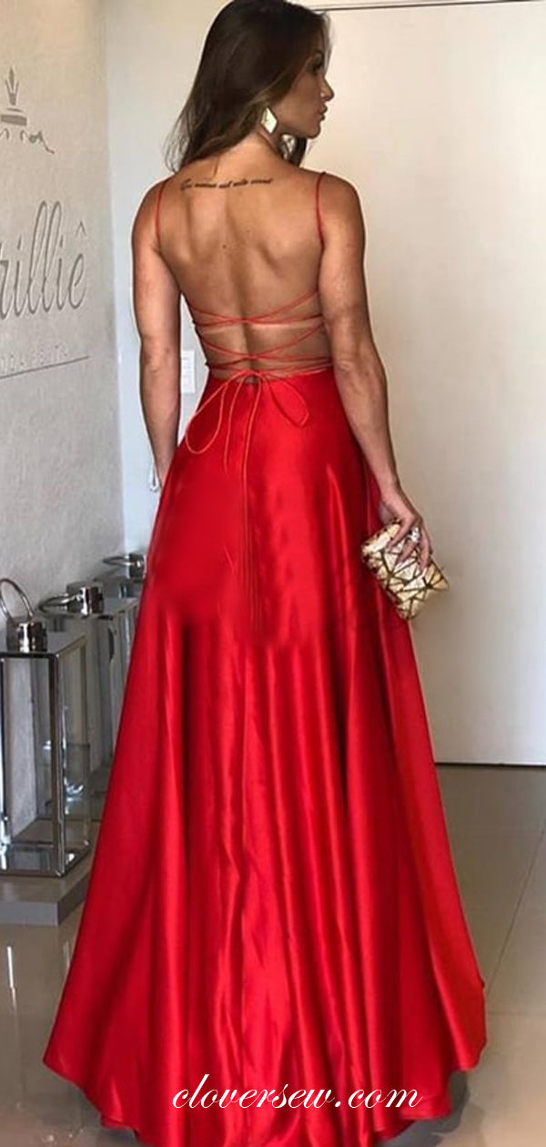 Red Satin Spaghetti Strap Lace Up Back Prom Dresses,CP0313