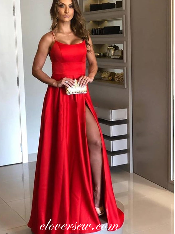 Red Satin Spaghetti Strap Lace Up Back Prom Dresses,CP0313