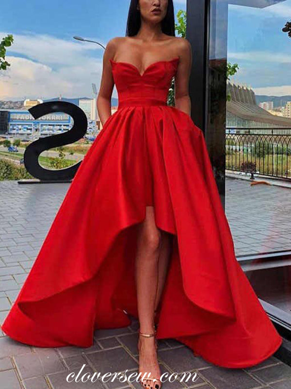 Red Satin Strapless High Low A-line Prom Dresses,CP0349