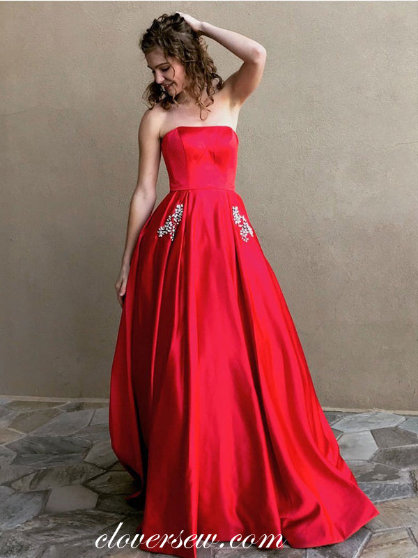 Red Satin Strapless Rhinestone Pocket A-line Prom Dresses,CP0358