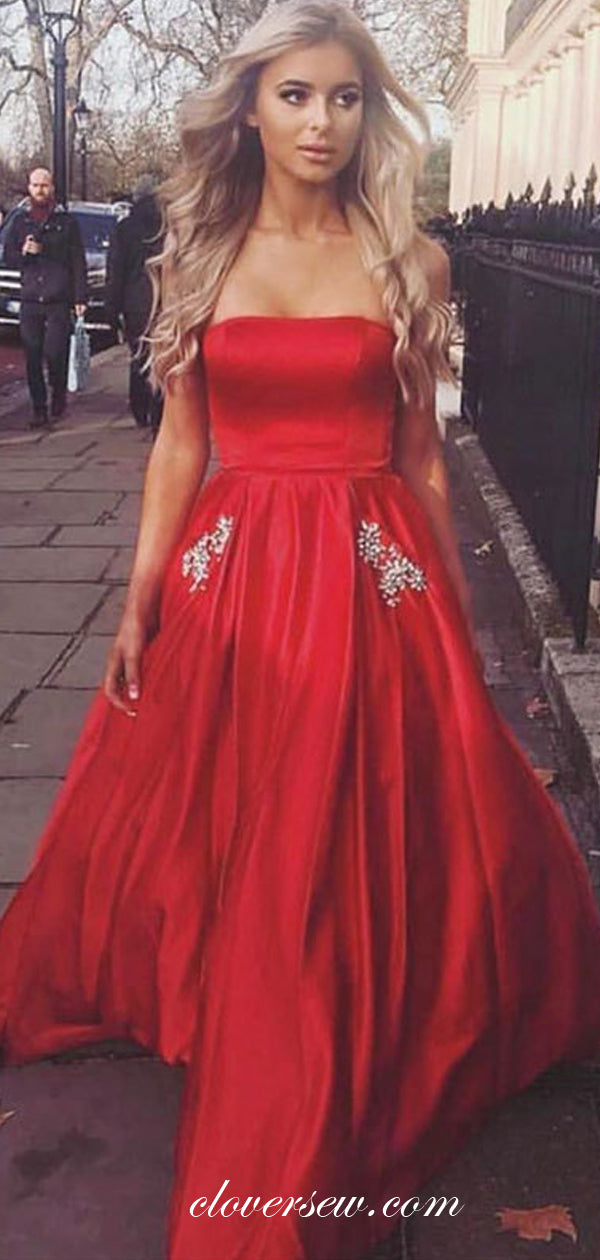 Red Satin Strapless Rhinestone Pocket A-line Prom Dresses,CP0358