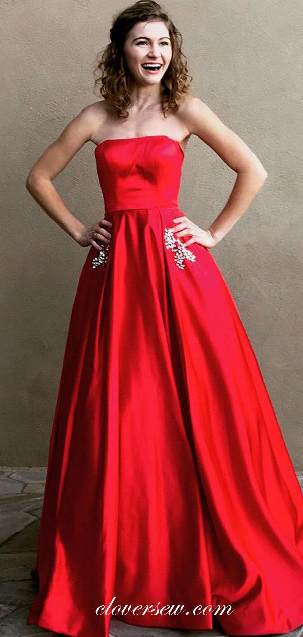 Red Satin Strapless Rhinestone Pocket A-line Prom Dresses,CP0358