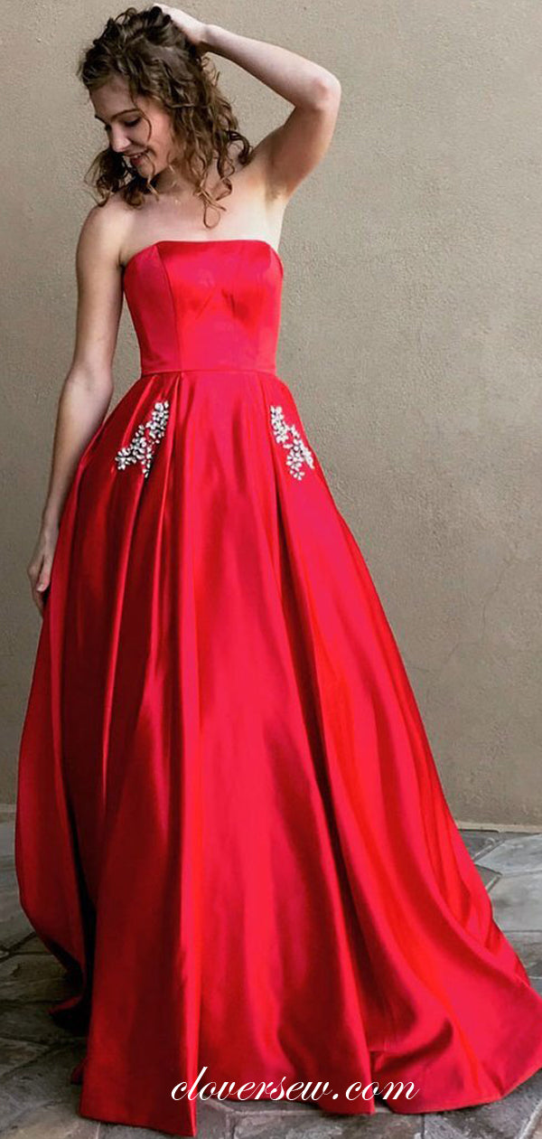 Red Satin Strapless Rhinestone Pocket A-line Prom Dresses,CP0358