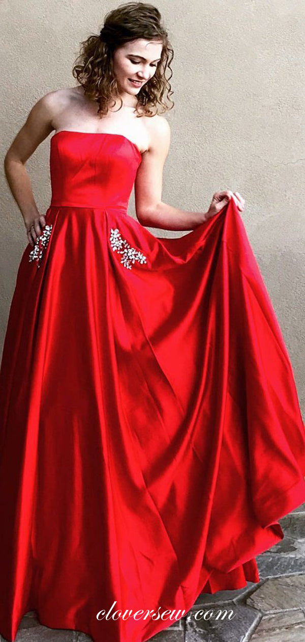 Red Satin Strapless Rhinestone Pocket A-line Prom Dresses,CP0358