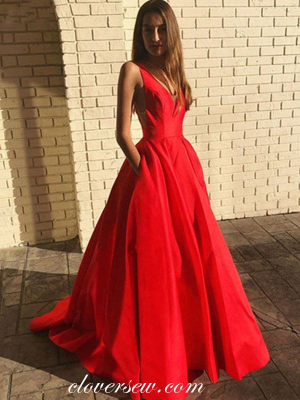 Red Satin V-neck Sleeveless With Pockets A-line Prom Dresses,CP0443