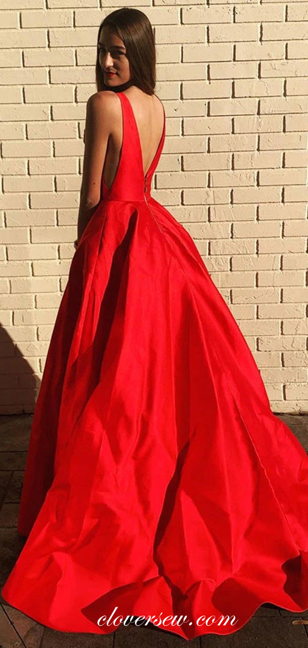 Red Satin V-neck Sleeveless With Pockets A-line Prom Dresses,CP0443