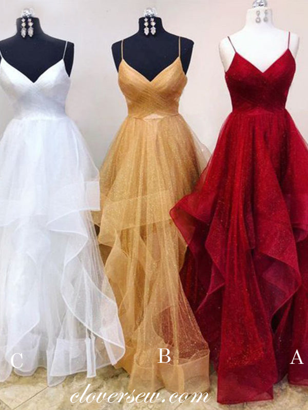 Red Sequin Tulle Spaghetti Strap Ruffles A-line Prom Dresses,CP0142
