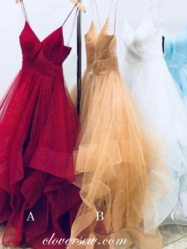 Red Sequin Tulle Spaghetti Strap Ruffles A-line Prom Dresses,CP0142