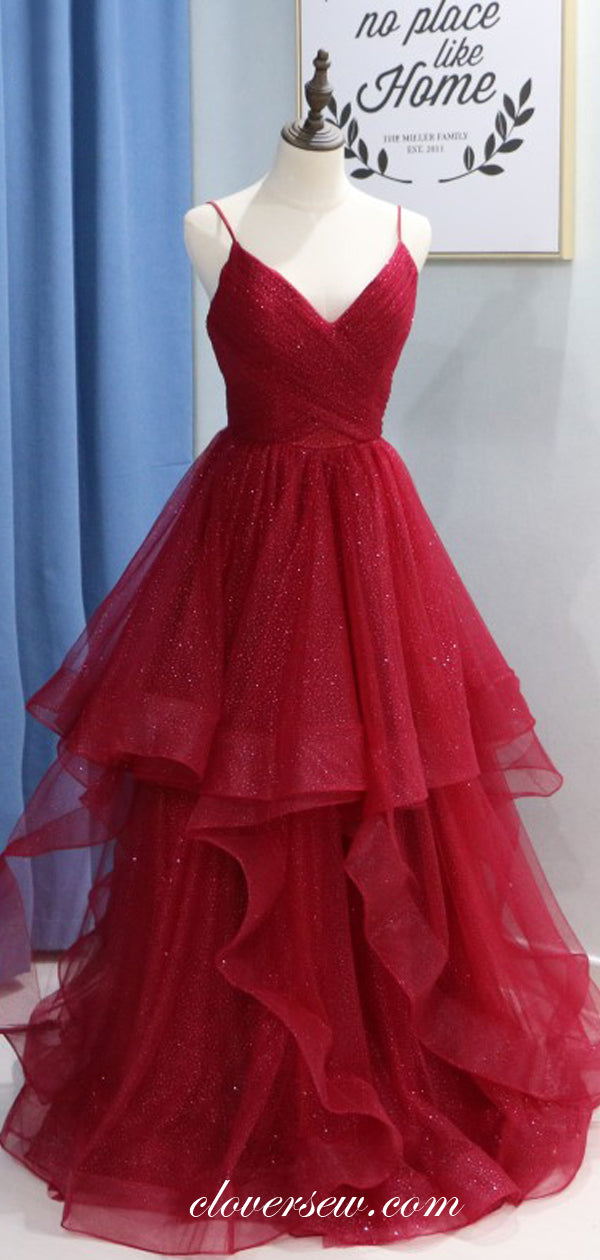 Red Sequin Tulle Spaghetti Strap Ruffles A-line Prom Dresses,CP0142
