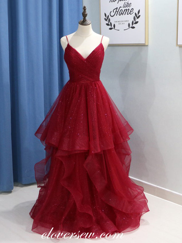 Red Sequin Tulle Spaghetti Strap Ruffles A-line Prom Dresses,CP0142