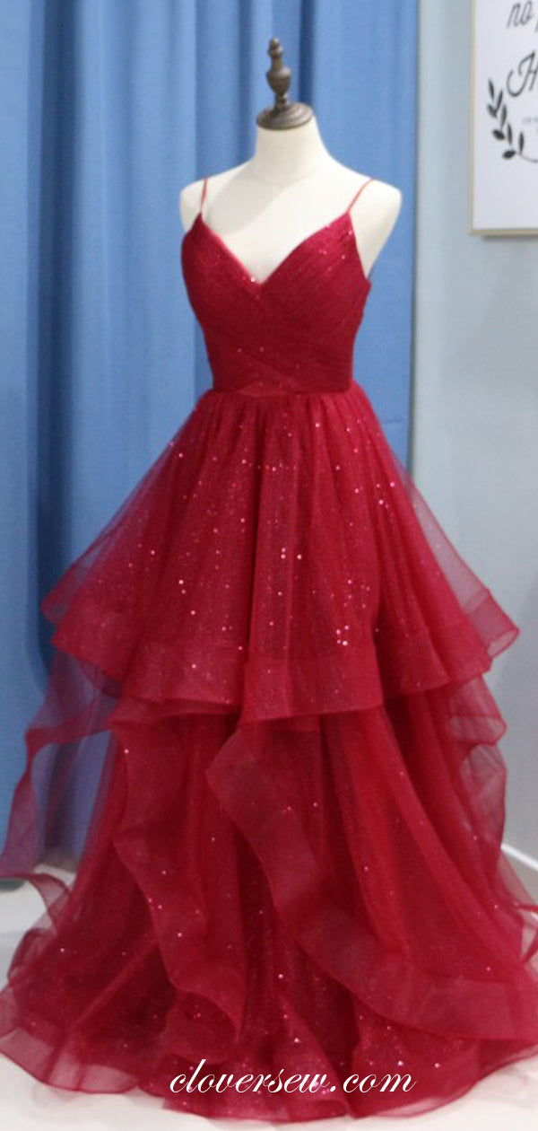 Red Sequin Tulle Spaghetti Strap Ruffles A-line Prom Dresses,CP0142