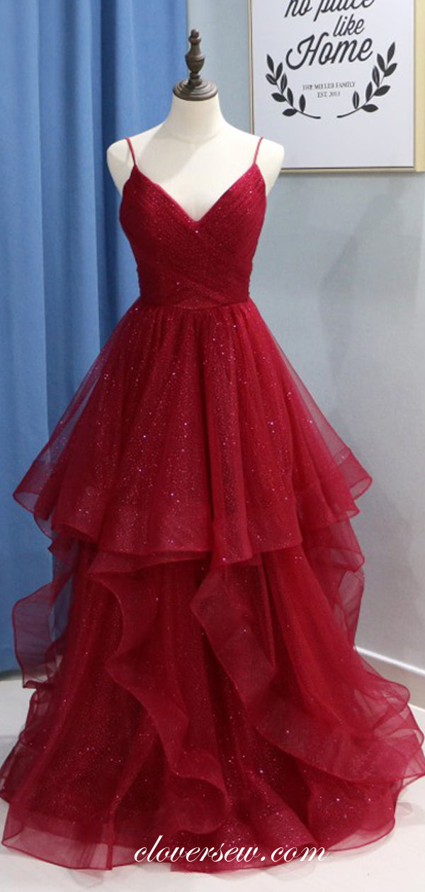 Red Sequin Tulle Spaghetti Strap Ruffles A-line Prom Dresses,CP0142