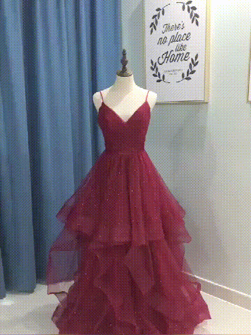 Red Sequin Tulle Spaghetti Strap Ruffles A-line Prom Dresses,CP0142