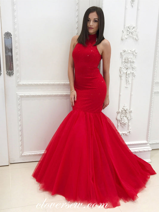 Red Tulle Shiny Bead Mermaid Open Back Prom Dresses, CP0075