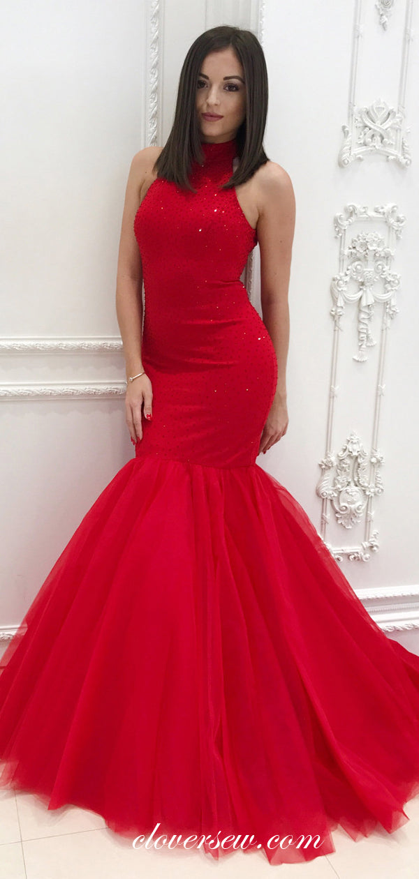Red Tulle Shiny Bead Mermaid Open Back Prom Dresses, CP0075