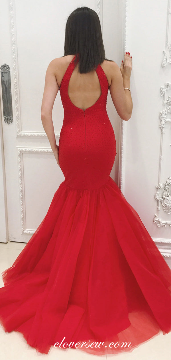 Red Tulle Shiny Bead Mermaid Open Back Prom Dresses, CP0075
