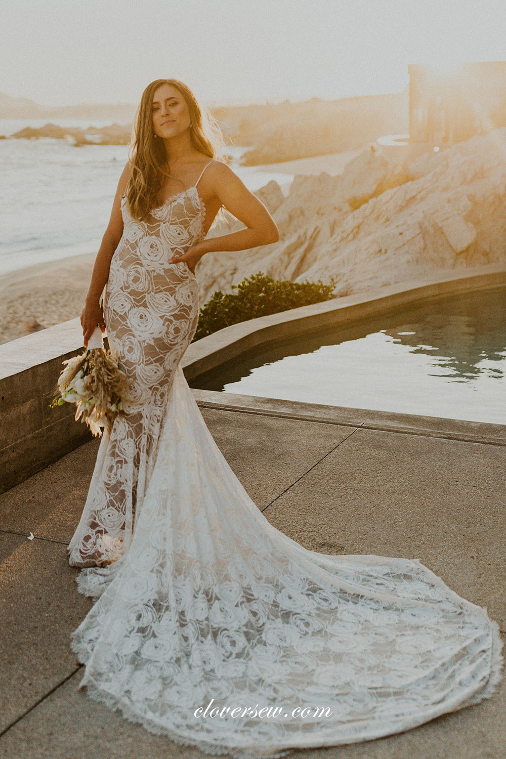 Rose Floral Lace Nude Lining Spaghetti Strap Mermaid Beach Wedding Dre clover sew Rose Floral Lace Nude Lining Spaghetti Strap Mermaid Beach Wedding Dre clover sew
