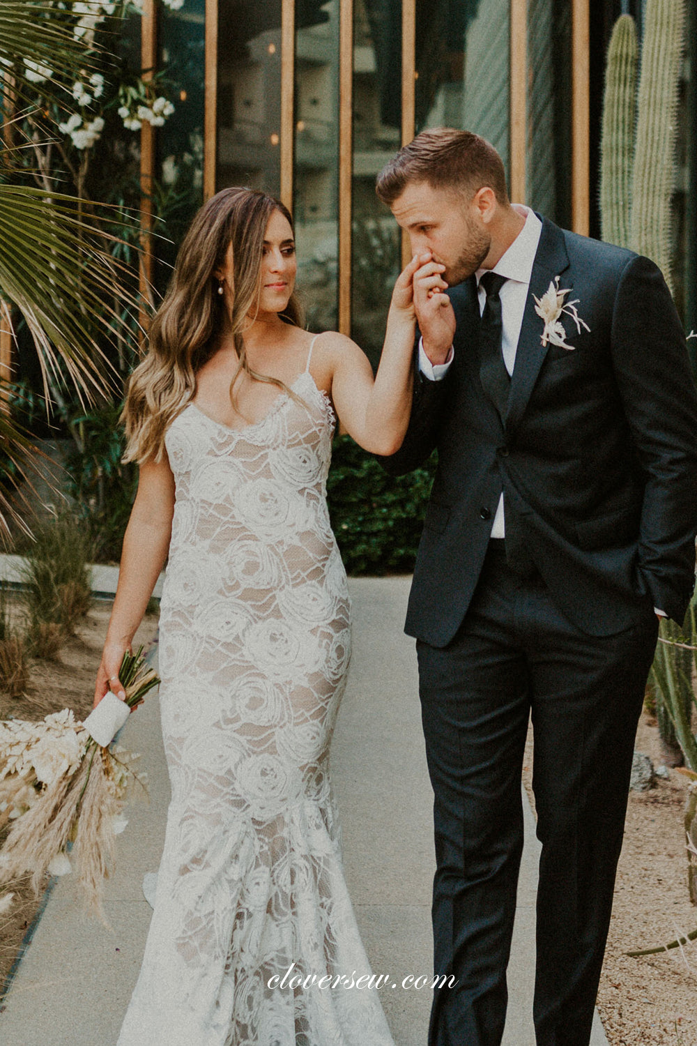 Rose Floral Lace Nude Lining Spaghetti Strap Mermaid Beach Wedding Dre clover sew Rose Floral Lace Nude Lining Spaghetti Strap Mermaid Beach Wedding Dre clover sew