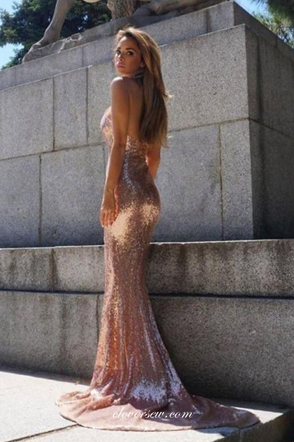 Rose Gold Sequine Spaghetti Strap Mermaid Backless Party Dressea, CP0745