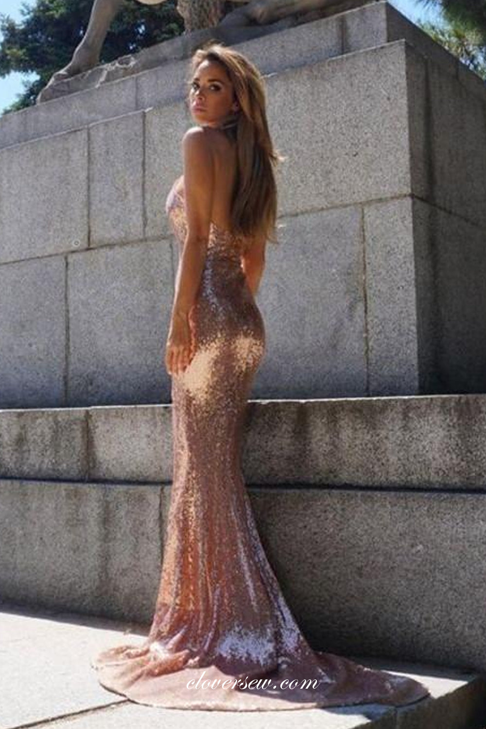 Rose Gold Sequine Spaghetti Strap Mermaid Backless Party Dressea, CP07 clover sew Rose Gold Sequine Spaghetti Strap Mermaid Backless Party Dressea, CP07 clover sew