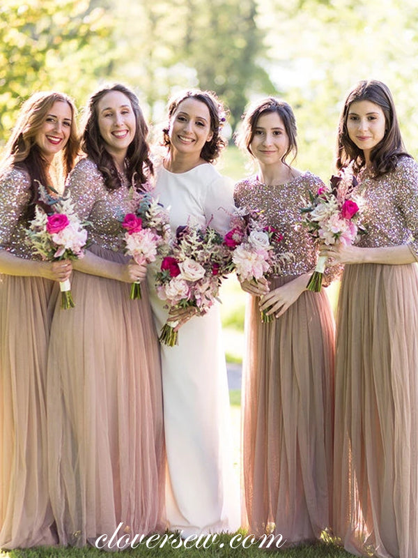 Rose Gold Sequined Top Tulle Half Sleeves A-line Bridesmaid Dresses, CB0254