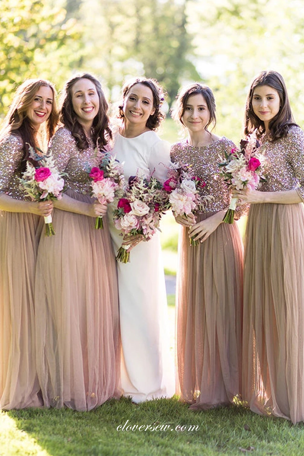 Rose Gold Sequined Top Tulle Half Sleeves A-line Bridesmaid Dresses, CB0254