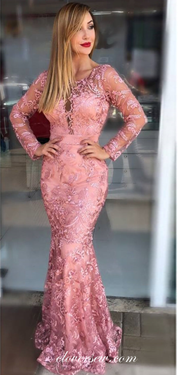 Rose Pink Lace Long Sleeve Mermaid Formal Dresses, CP0612 clover sew Rose Pink Lace Long Sleeve Mermaid Formal Dresses, CP0612 clover sew
